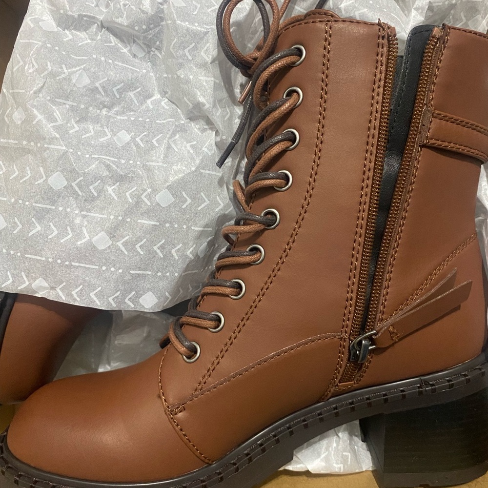 Brown Combat Moto Boots with Side Zipper